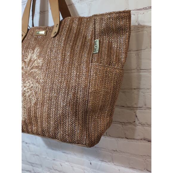 Sun 'N' Sand Woven Poly Straw Beach Tote Bag Faux Leather Handles Embroidered - Picture 6 of 15